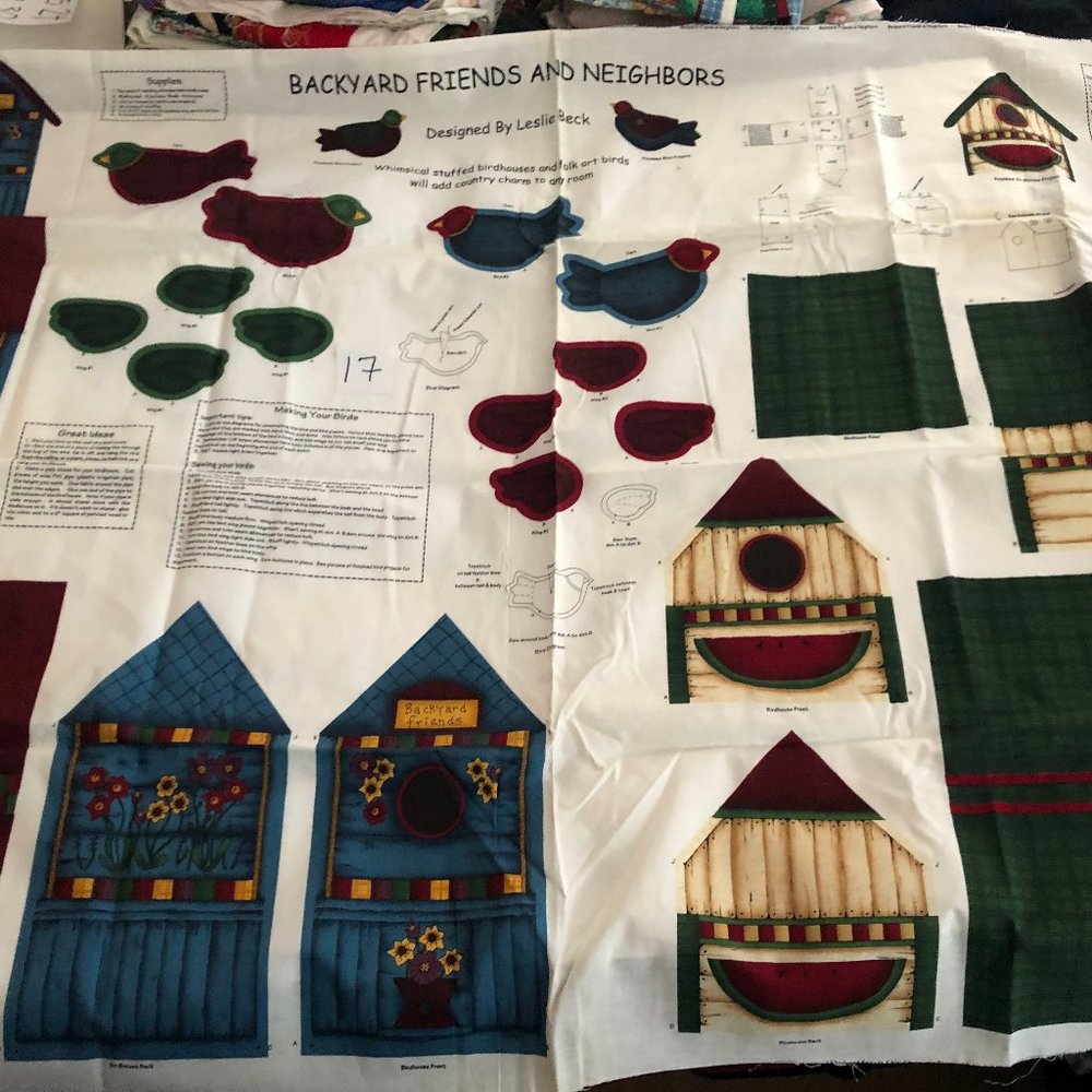 Fabric DIY Material - 1 yard Back Yard Friends Stuffed Birds Prim Panel #17